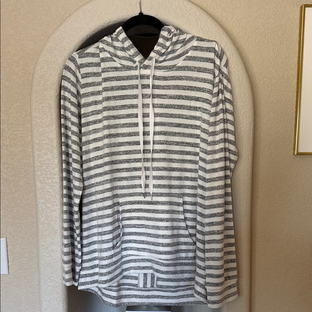 Striped Gray and White Hooded Pullover Shirt